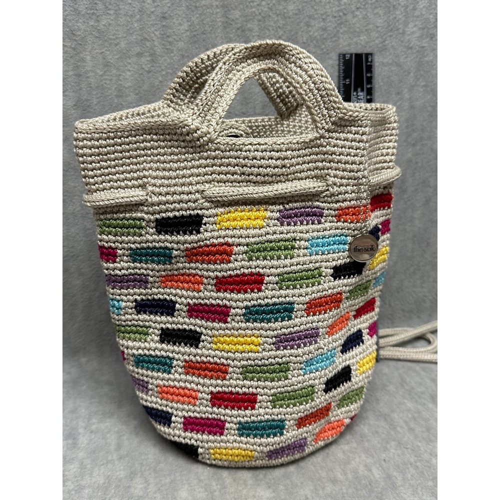 The Sak Dylan Crocheted Backpack Prisma Tile Pattern Multicolor on Beige - Picture 3 of 10